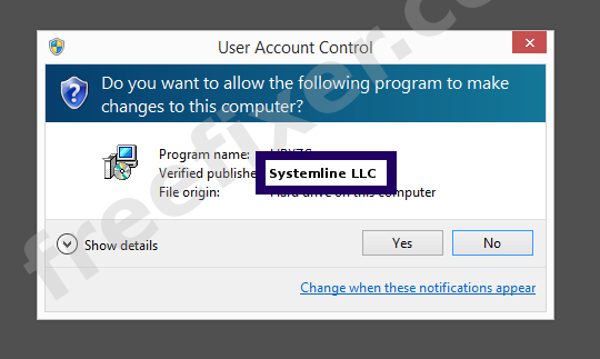 Screenshot where Systemline LLC appears as the verified publisher in the UAC dialog